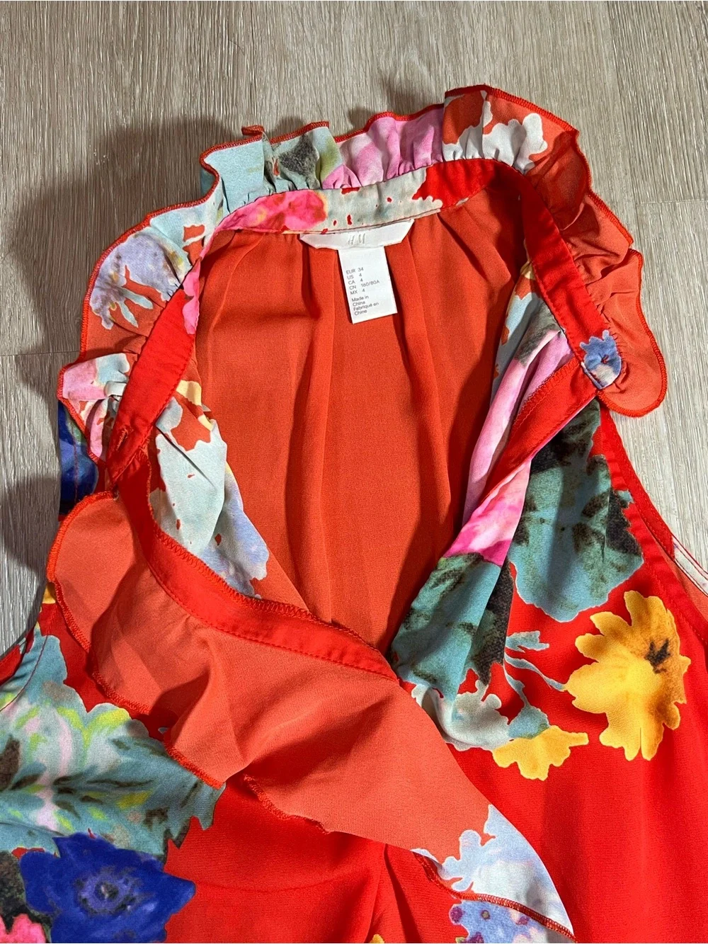 Red Floral Ruffle High Neck Summer Flowy Beach Sleeveless Dress Women's Size 4 - Picture 4 of 7